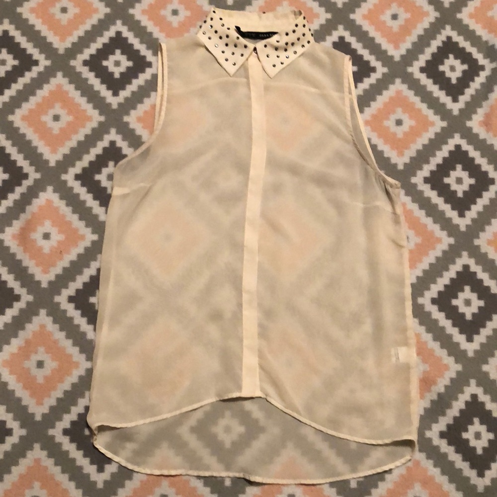 Zara Basic Sheer Cream Button Down W/Rhinestones - image 1